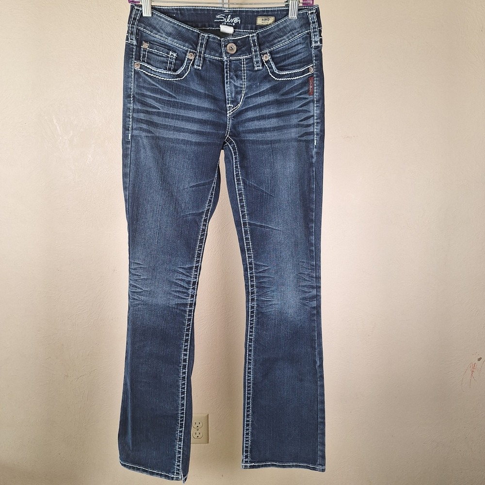 Silver Aiko Bootcut Jeans Juniors Dark Wash Embroidered Pockets 5